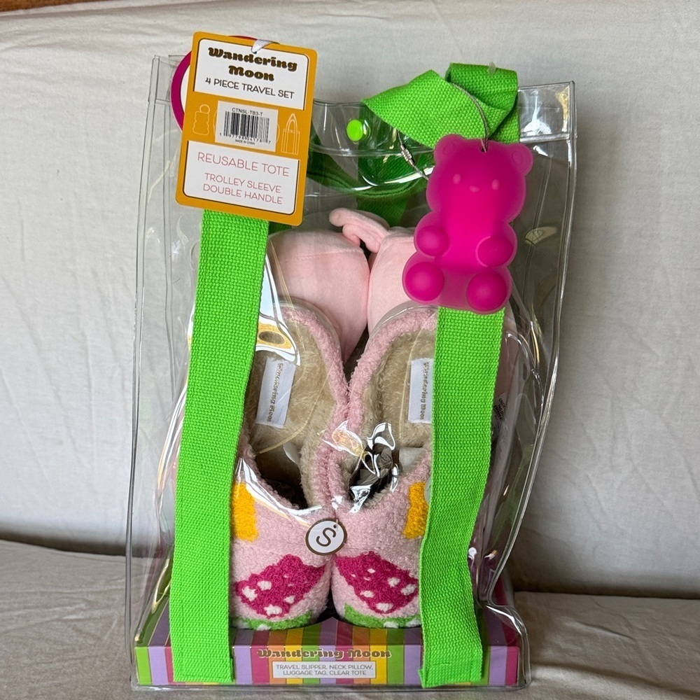 Wandering Moon 4-pc travel set: slippers, neck pillow, clear tote, luggage tag.